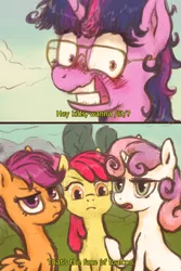 Size: 1200x1800 | Tagged: suggestive, artist:plotcore, derpibooru import, apple bloom, scootaloo, sweetie belle, twilight sparkle, ponified, pony, unicorn, lesson zero, /lit/, /mlp/, 2 panel comic, 4chan, comic, cutie mark crusaders, description is relevant, dialogue, drawthread, female, filly, glasses, hi girls, implied foalcon, mare, raised hoof, scene interpretation