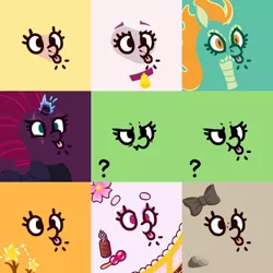 Size: 600x600 | Tagged: safe, artist:dsp2003, derpibooru import, paprika paca, pom lamb, tempest shadow, tianhuo, oc, oc:anonfilly, oc:meadow stargazer, oc:sakuragi-san, oc:stone, alpaca, longma, pony, sheep, them's fightin' herds, my little pony: the movie, :p, bow, broken horn, community related, eye scar, face, female, filly, lamb, nonet, scar, scrunchy face, sparking horn, tongue out