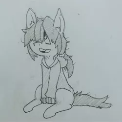 Size: 3120x3120 | Tagged: safe, artist:shpace, derpibooru import, oc, oc:floor bored, unofficial characters only, earth pony, pony, clothes, ear fluff, female, grayscale, hair over one eye, hoodie, mare, messy mane, monochrome, sitting, solo, traditional art