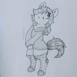 Size: 2659x2658 | Tagged: safe, artist:shpace, derpibooru import, oc, oc:floor bored, unofficial characters only, earth pony, pony, /ourgirl/, bags under eyes, bipedal, clothes, ear fluff, female, grayscale, hair over one eye, hoodie, mare, monochrome, socks, solo, striped socks, traditional art