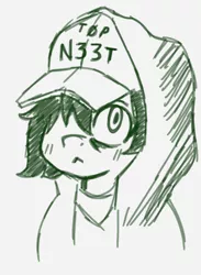 Size: 1063x1449 | Tagged: safe, artist:shpace, derpibooru import, oc, oc:floor bored, unofficial characters only, earth pony, pony, bags under eyes, baseball cap, blushing, bust, cap, clothes, female, hair over one eye, hat, hoodie, mare, monochrome, neet, simple background, solo, white background