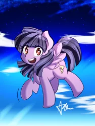 Size: 3000x4000 | Tagged: safe, artist:acharmingpony, derpibooru import, oc, oc:sameeky, unofficial characters only, pegasus, pony, cloud, female, flying, high res, looking at you, mare, open mouth, signature, sky, solo