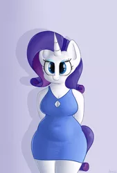 Size: 2160x3200 | Tagged: anthro, artist:andelai, belly button, breasts, chubby, cleavage, clothes, derpibooru import, dress, female, plump, rarity, simple background, solo, standing, suggestive, tight clothing, wide hips