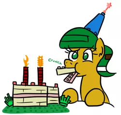 Size: 495x471 | Tagged: safe, artist:jargon scott, derpibooru import, oc, oc:blocky bits, pony, birthday, birthday cake, building blocks, bust, cake, candle, eating, female, food, hat, lego, mare, onomatopoeia, party hat, simple background, solo, white background