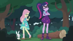 Size: 2208x1242 | Tagged: safe, derpibooru import, screencap, angel bunny, fluttershy, sci-twi, twilight sparkle, butterfly, equestria girls, equestria girls series, stressed in show, stressed in show: fluttershy, boots, clothes, cute, frown, glasses, log, mud, muddy, ponytail, sad, shoes, skirt, twiabetes