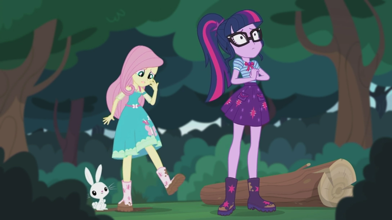 Size: 2208x1242 | Tagged: safe, derpibooru import, screencap, angel bunny, fluttershy, sci-twi, twilight sparkle, equestria girls, equestria girls series, stressed in show, stressed in show: fluttershy, boots, cute, frown, glasses, log, mud, muddy, ponytail, raised leg, sad, scared, shoes, twiabetes