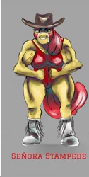 Size: 647x1280 | Tagged: anthro, apple bloom, apple brawn, artist:lopsidedworld, boots, breasts, buff breasts, clothes, commission, cowboy hat, derpibooru import, female, flexing, grin, hat, leotard, luchador, muscles, older, señora stampede, shoes, simple background, smiling, solo, solo female, stetson, suggestive, wrestler