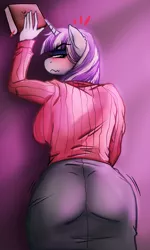 Size: 1212x2015 | Tagged: suggestive, artist:aaa-its-spook, artist:spook, derpibooru import, twilight velvet, anthro, unicorn, annoyed, ass, blushing, blushing profusely, book, breasts, busty twilight velvet, clothes, embarrassed, female, looking at you, milf, mother, sexy, skirt, solo, stupid sexy twilight velvet, surprised, sweater, the ass was fat, twibutt velvet