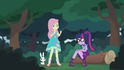 Size: 2208x1242 | Tagged: safe, derpibooru import, screencap, angel bunny, fluttershy, sci-twi, twilight sparkle, butterfly, equestria girls, equestria girls series, stressed in show, stressed in show: fluttershy, boots, clothes, glasses, log, ponytail, shoes, skirt