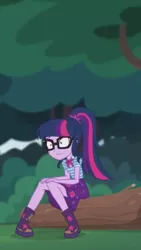 Size: 1242x2208 | Tagged: safe, derpibooru import, screencap, sci-twi, twilight sparkle, equestria girls, equestria girls series, stressed in show, stressed in show: fluttershy, boots, bowtie, clothes, cute, geode of telekinesis, glasses, log, magical geodes, mud, muddy, ponytail, shoes, skirt, solo, stressed, twiabetes