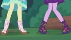 Size: 2208x1242 | Tagged: safe, derpibooru import, screencap, fluttershy, sci-twi, twilight sparkle, butterfly, equestria girls, equestria girls series, stressed in show, stressed in show: fluttershy, boots, legs, log, mud, muddy, pictures of legs, shoes