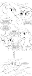Size: 2640x6120 | Tagged: safe, artist:silfoe, derpibooru import, princess celestia, princess luna, twilight sparkle, twilight sparkle (alicorn), alicorn, pony, royal sketchbook, angry, anniversary, argument, bed, black and white, crossed hooves, crying, description is relevant, dialogue, female, grayscale, lesbian, letter, mare, monochrome, prone, royal sisters, sad, shipping, simple background, speech bubble, teary eyes, twiluna, white background