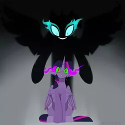 Size: 2800x2800 | Tagged: safe, derpibooru import, twilight sparkle, twilight sparkle (alicorn), ponified, alicorn, pony, equestria girls, crying, dark magic, demonic possession, evil grin, female, grin, inner demons, magic, midnight sparkle, possessed, smiling, sombra eyes