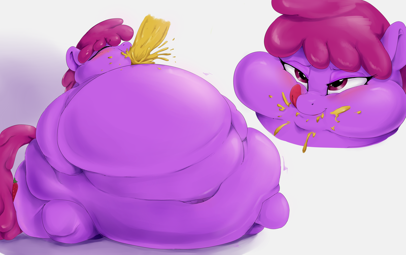 Size: 4759x3000 | Tagged: questionable, artist:sirmasterdufel, derpibooru import, berry punch, berryshine, belly, chubby cheeks, cider, close-up, double chin, fat, fat face, licking, licking lips, messy eating, morbidly obese, obese, solo, stuffed, tongue out