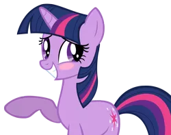 Size: 2604x2056 | Tagged: safe, artist:andoanimalia, derpibooru import, twilight sparkle, pony, unicorn, swarm of the century, blushing, embarrassed, female, grin, mare, raised hoof, simple background, smiling, solo, squee, transparent background, unicorn twilight, vector