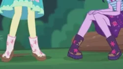 Size: 2208x1242 | Tagged: safe, derpibooru import, screencap, fluttershy, sci-twi, twilight sparkle, butterfly, equestria girls, equestria girls series, stressed in show, stressed in show: fluttershy, boots, clothes, legs, log, mud, muddy, pictures of legs, shoes, skirt