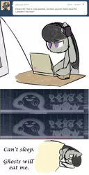 Size: 644x1261 | Tagged: safe, artist:erthilo, derpibooru import, octavia melody, earth pony, ghost, pony, ask octavia, computer, female, headphones, laptop computer, lavender town, mare, no pupils, solo, wide eyes