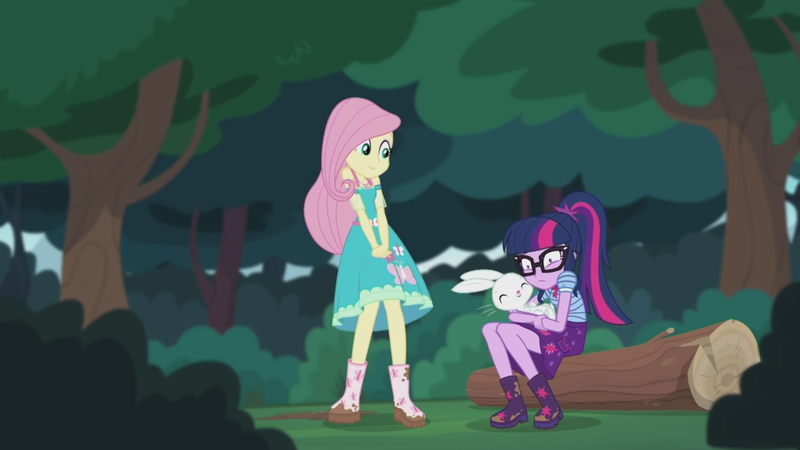 Size: 2208x1242 | Tagged: safe, derpibooru import, screencap, angel bunny, fluttershy, sci-twi, twilight sparkle, butterfly, equestria girls, equestria girls series, stressed in show, stressed in show: fluttershy, boots, clothes, cute, eyes closed, glasses, happy, log, mud, muddy, ponytail, shoes, skirt