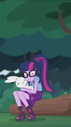 Size: 1242x2208 | Tagged: safe, derpibooru import, screencap, angel bunny, sci-twi, twilight sparkle, equestria girls, equestria girls series, stressed in show, stressed in show: fluttershy, boots, bowtie, clothes, eyes closed, glasses, log, mud, muddy, ponytail, shoes, skirt, stressed