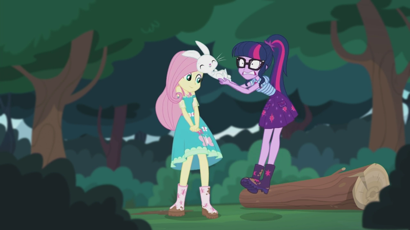 Size: 2208x1242 | Tagged: safe, derpibooru import, screencap, angel bunny, fluttershy, sci-twi, twilight sparkle, butterfly, equestria girls, equestria girls series, stressed in show, stressed in show: fluttershy, boots, bowtie, clothes, eyes closed, glasses, gritted teeth, jumping, log, mud, muddy, ponytail, shoes, skirt, smiling, stressed