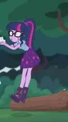 Size: 1242x2208 | Tagged: safe, derpibooru import, screencap, sci-twi, twilight sparkle, equestria girls, equestria girls series, stressed in show, stressed in show: fluttershy, boots, clothes, glasses, gritted teeth, jumping, log, mud, muddy, ponytail, shoes, skirt, stressed