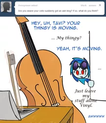 Size: 639x739 | Tagged: artist:erthilo, ask, ask octavia, cello, computer, derpibooru import, laptop computer, musical instrument, safe, tumblr, vinyl scratch, wrong eye color