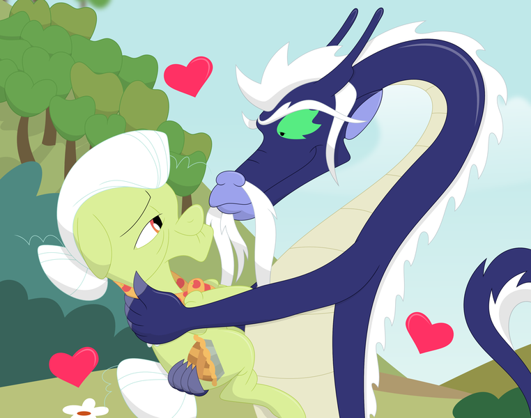 Size: 3550x2797 | Tagged: safe, artist:porygon2z, derpibooru import, granny smith, dragon, earth pony, pony, american dragon jake long, crossover, interspecies, lao shi, love, shipping, simple background, transparent background