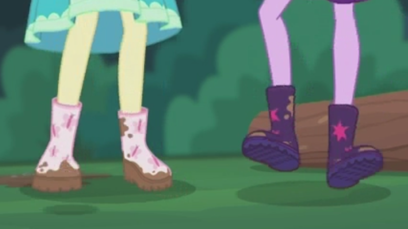 Size: 2208x1242 | Tagged: safe, derpibooru import, screencap, fluttershy, sci-twi, twilight sparkle, butterfly, equestria girls, equestria girls series, stressed in show, stressed in show: fluttershy, boots, legs, log, mud, muddy, pictures of legs, shoes