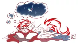 Size: 4325x2462 | Tagged: safe, artist:ruef, derpibooru import, oc, oc:toko yakkai, unofficial characters only, pegasus, pony, blanket, dream, male, sleeping, solo, space, stallion, tokobetes, z, zzz