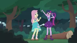 Size: 2208x1242 | Tagged: safe, derpibooru import, screencap, fluttershy, sci-twi, twilight sparkle, butterfly, equestria girls, equestria girls series, stressed in show, stressed in show: fluttershy, boots, clothes, geode of telekinesis, glasses, log, magical geodes, mud, muddy, open mouth, ponytail, shoes, skirt, stressed