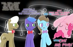 Size: 1229x800 | Tagged: safe, artist:erthilo, derpibooru import, beauty brass, frederic horseshoepin, parish nandermane, pinkie pie, earth pony, pony, ask octavia, female, male, mare, no pupils, stallion