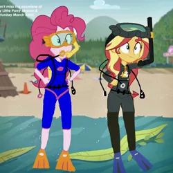 Size: 1852x1852 | Tagged: safe, artist:seantaylor21, derpibooru import, edit, edited screencap, screencap, pinkie pie, sunset shimmer, equestria girls, equestria girls series, unsolved selfie mysteries, beach, clothes, cropped, diving, diving goggles, diving suit, flippers, goggles, lewd, ocean, scuba, scuba diving, scuba gear, seaweed, snorkel, swimsuit, water, wetsuit