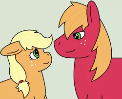 Size: 640x518 | Tagged: safe, artist:insanity-w0lf, derpibooru import, applejack, big macintosh, earth pony, pony, applecest, applemac, female, green background, incest, looking at each other, male, shipping, simple background, straight, vulgar description