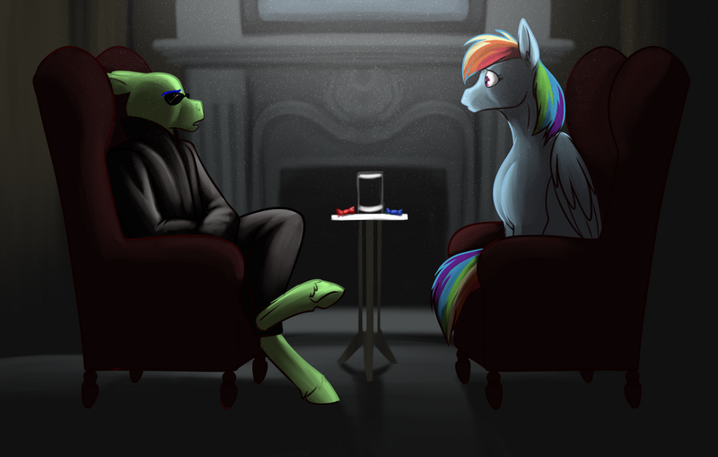 Size: 1257x800 | Tagged: artist:foxenawolf, blue pill, chair, derpibooru import, fanfic art, fanfic:piercing the heavens, fireplace, illustration, oc, oc:twister, rainbow dash, red pill, safe, table, the matrix