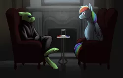 Size: 1257x800 | Tagged: artist:foxenawolf, blue pill, chair, derpibooru import, fanfic art, fanfic:piercing the heavens, fireplace, illustration, oc, oc:twister, rainbow dash, red pill, safe, table, the matrix