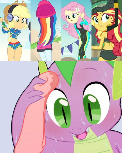 Size: 2048x2561 | Tagged: safe, artist:sunibee, derpibooru import, edit, screencap, applejack, fluttershy, rainbow dash, spike, sunset shimmer, dragon, aww... baby turtles, equestria girls, equestria girls series, lost and found, too hot to handle, unsolved selfie mysteries, adorasexy, beach, belly button, bikini, blushing, clothes, cropped, cute, dashabetes, diving goggles, female, headphones, hips, jackabetes, looking back, midriff, open mouth, rainbutt dash, reaction image, rear view, sexy, shorts, shovel, shyabetes, simple background, snorkel, sweat, sweating towel guy, swimming trunks, swimsuit, thighs, towel, wiping