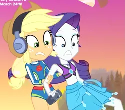 Size: 1083x958 | Tagged: safe, derpibooru import, screencap, applejack, rarity, equestria girls, equestria girls series, lost and found, belly button, clothes, cropped, cute, duo, headphones, jackabetes, midriff, protecting, raribetes, swimsuit