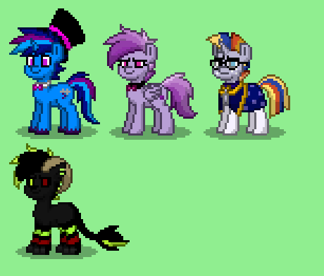 Size: 460x393 | Tagged: safe, artist:insanity-w0lf, derpibooru import, oc, oc:dawning star, oc:thundercast, oc:violet skies, unofficial characters only, pegasus, pony, unicorn, pony town, bowtie, clothes, female, glasses, green background, hat, male, mare, robe, simple background, stallion, top hat