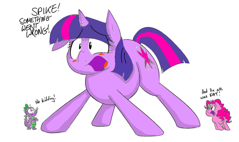 Size: 898x535 | Tagged: safe, artist:shoutingisfun, color edit, derpibooru import, edit, pinkie pie, spike, twilight sparkle, dragon, earth pony, pony, unicorn, blushing, colored, giant pony, macro, mega twilight sparkle, size difference, the ass was fat, vulgar