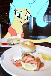 Size: 2628x3869 | Tagged: artist:oceanrailroader, bagel, bread, cream cheese, derpibooru import, food, irl, lox, my little pony: the movie, photo, ponies in real life, princess skystar, safe, seapony (g4)