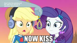 Size: 1920x1080 | Tagged: safe, derpibooru import, edit, edited screencap, screencap, applejack, rainbow dash, rarity, equestria girls, equestria girls series, lost and found, clothes, female, headphones, lesbian, now kiss, rainbow the shipper, rarijack, shipper on deck, shipping, swimsuit, varying degrees of want