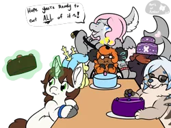 Size: 1000x747 | Tagged: artist:mothofamber, belt, birthday party, cake, derpibooru import, dialogue, food, glowing horn, imminent bondage, magic, non-mlp oc, oc, oc:tai, party, safe, simple background, table, telekinesis, this will end in weight gain, transparent background, unofficial characters only