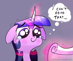 Size: 1200x1006 | Tagged: safe, artist:underpable, derpibooru import, edit, twilight sparkle, pony, bust, cropped, crying, female, floppy ears, glowing horn, horn, magic, mare, reaction image, scroll, simple background, smiling, solo, telekinesis, thought bubble