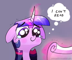 Size: 1200x1006 | Tagged: safe, artist:underpable, derpibooru import, edit, twilight sparkle, pony, bust, cropped, crying, female, floppy ears, glowing horn, hilarious in hindsight, i never learned to read, illiteracy, magic, mare, reaction image, scroll, simple background, smiling, solo, teary eyes, telekinesis, thought bubble