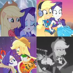 Size: 2048x2048 | Tagged: safe, derpibooru import, screencap, applejack, rarity, equestria girls, equestria girls series, legend of everfree, lost and found, rainbow rocks, rarity investigates: the case of the bedazzled boot, applejack is not amused, bass guitar, belly button, catching, clothes, comparison, continuity, cropped, cute, drama queen, duo, geode of shielding, geode of super strength, grayscale, hat, headphones, jackabetes, magnet, marshmelodrama, midriff, monochrome, musical instrument, out of context, ponied up, raribetes, rarity investigates (eqg): applejack, swimsuit, unamused