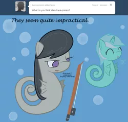 Size: 801x766 | Tagged: artist:erthilo, ask, ask octavia, bow (instrument), cello bow, derpibooru import, duo, duo female, female, lyra heartstrings, no pupils, octavia melody, original species, safe, seahorse, seaponified, sea pony, seapony lyra, species swap, tumblr, underwater