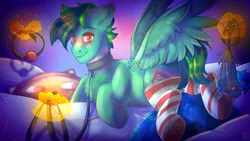 Size: 1920x1080 | Tagged: suggestive, alternate version, artist:blueomlette, derpibooru import, oc, oc:04, oc:toxic, cat, changeling, changepony, hybrid, pegasus, pony, ballgag, bed, blue underwear, blushing, body pillow, candy, candy cane, cat o' ninetails, cat pillow, chest fluff, choker, clothes, collar, dim light, food, gag, hand, hidden horn, leash, looking at you, magic, magic hands, male, malesub, pillow, scarf, side, socks, stockings, striped socks, submissive, telekinesis, thigh highs, two colour hair, underwear, whip, ych result
