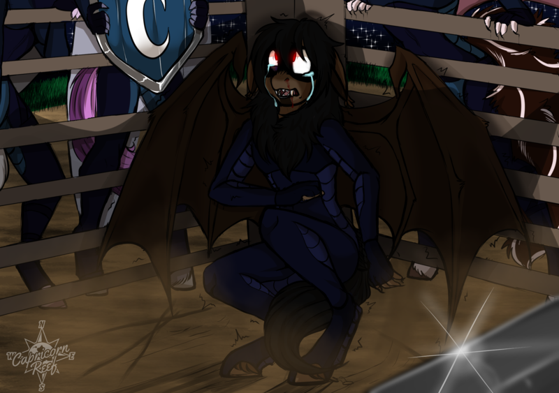 Size: 2150x1512 | Tagged: semi-grimdark, artist:theecchiqueen, deleted from derpibooru, derpibooru import, oc, oc:octavus, unofficial characters only, anthro, bat pony, mantipony, unguligrade anthro, anthro oc, armor, bat pony oc, bleeding, blood, crying, fence, mantipony oc, night guard, red eyes, shield, story in the source, sword, weapon