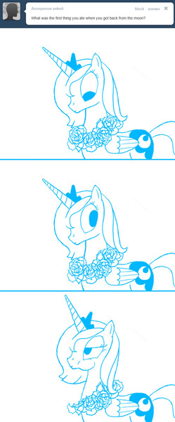 Size: 531x1280 | Tagged: artist:tootootaloo, ask princess luna, comic, derpibooru import, eating, flower, friendship is magic, herbivore, horses doing horse things, princess luna, s1 luna, safe, wreath