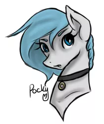 Size: 695x829 | Tagged: artist:pockypocky, blue, blue eyes, bust, choker, color, derpibooru import, doodle, female, gray, jewelry, mane, mare, necklace, oc, oc:pocky, portrait, rough, safe, simple background, solo